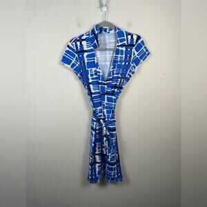 J. McLaughlin Blue White Geometric Midi Dress Warp Size Medium Catalina Cloth